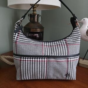 Lauren Ralph Lauren Houndstooth Shoulder Bag Black White Canvas Leather
